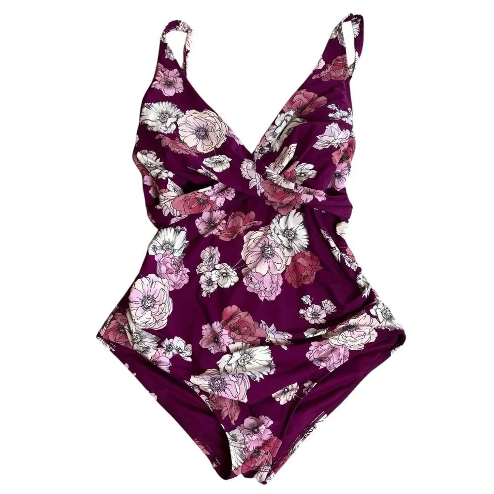 Freshwater Surplice Lace-Back One-Piece Swimsuit Plus Size 2X Purple Floral - Picture 2 of 16